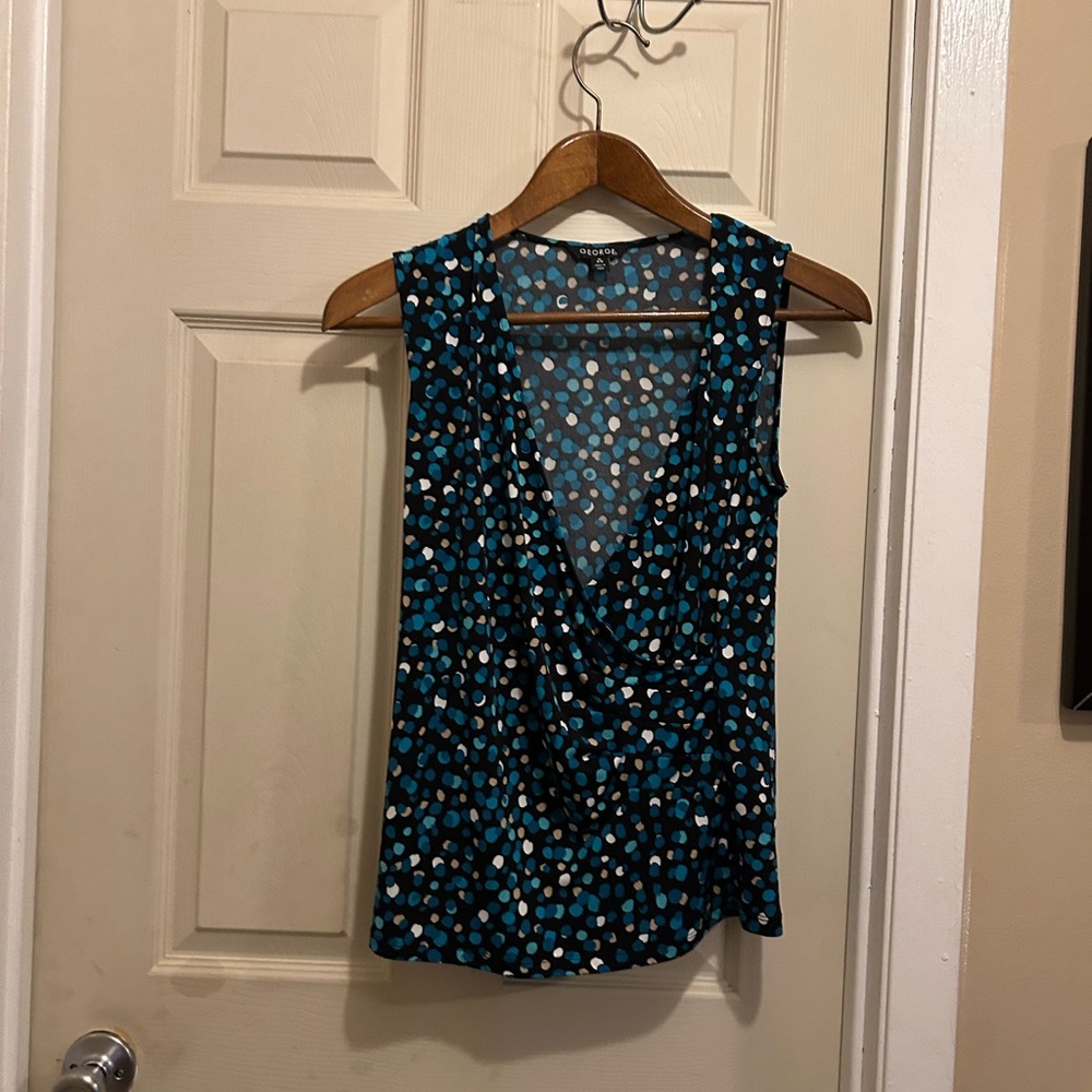 George Blue and black sleeveless deep v neck Wrap Blouse- size medium (8-10)